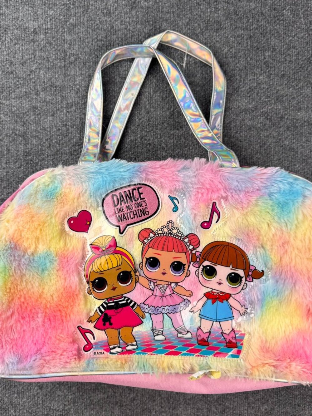 lol surprise girls dance duffle bag faux fur rainbow pastel pink travel stains
